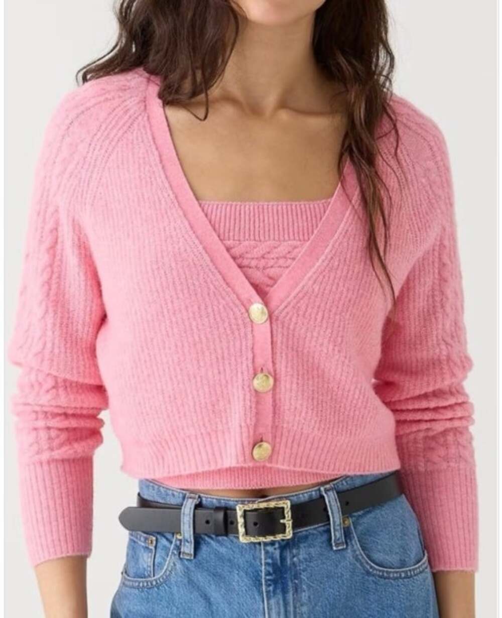 J. Crew Supersoft Cropped Cable Knit Cardigan Sweater Pink Gold Buttons L